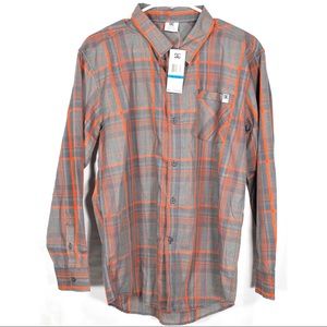 DC Skate Button Up Orange Gray Plaid Shirt Boys XL